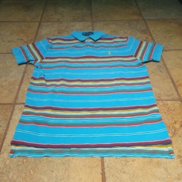 Ralph Lauren Large L Aqua Blue Red Yellow Stripe Mesh Polo Shirt Classic Fit - Picture 1 of 12